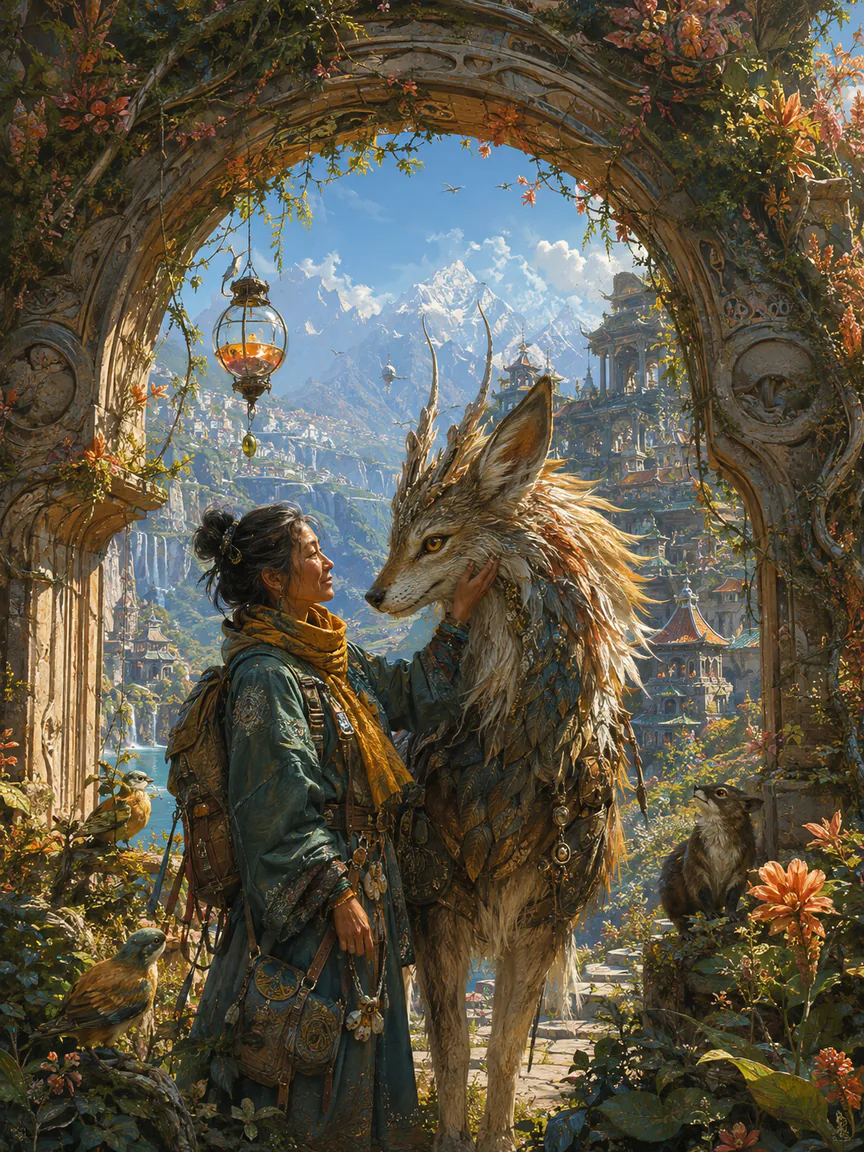 A traveler and a feather-maned creature meet beneath an arch opening onto a remarkable town.