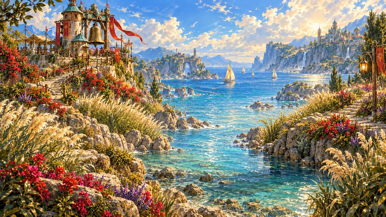 An imagined turquoise creek on the Reed Coast, between flower-covered paths and a tower with a golden bell.