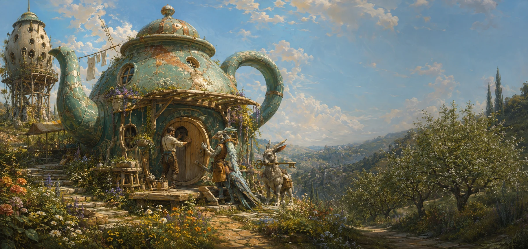 A carpenter and birdlike artisan finish an enormous teapot house while a creature carries its oversized key.