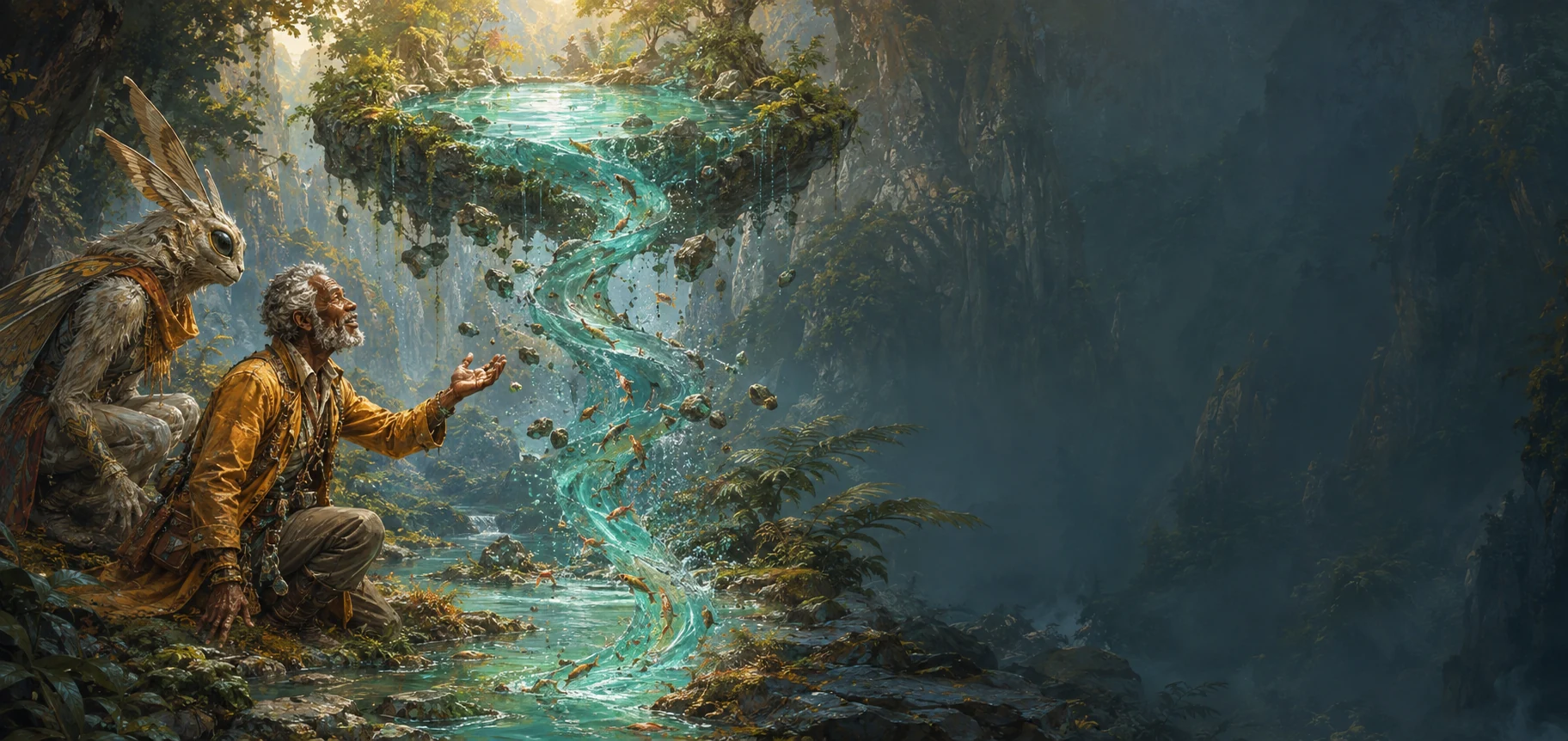 A naturalist and a mothlike companion watch a turquoise waterfall spiral into a floating pool.